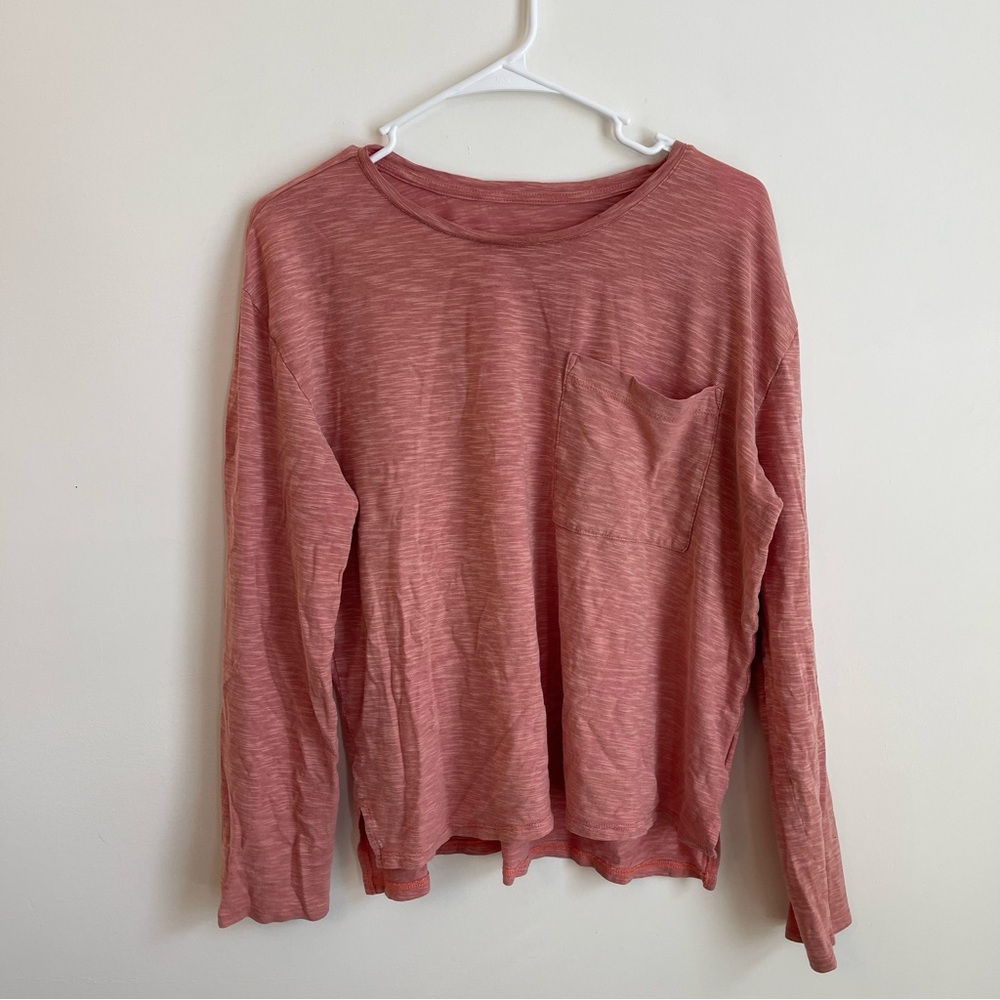 Garnet Hill Tencel Cotton Basic Pocket Long Sleeve Tee Large Red Classic Minimal